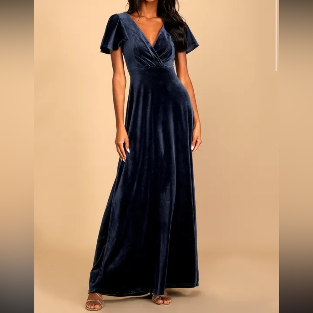Navy Blue Velvet Flutter Sleeve Maxi Dress -Size XS Fall wedding guest dress